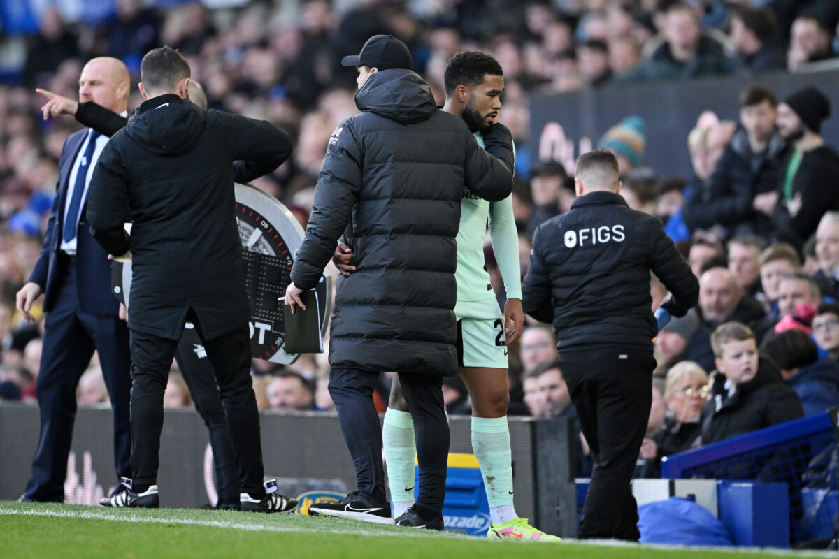 Mauricio Pochettino consoles Reece James who suffered a hamstring injury in December. (Photo by Stu Forster/Getty Images)