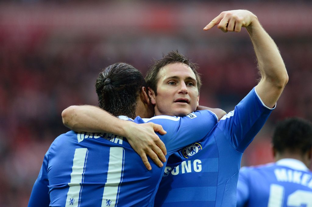 LONDON, ENGLAND - MAY 05: Didier Drogba of Chelsea celebrates with Frank Lampard as he scores their second goal during the FA Cup with Budweiser Final match between Liverpool and Chelsea at Wembley Stadium on May 5, 2012 in London, England. (Photo by Shaun Botterill/Getty Images)