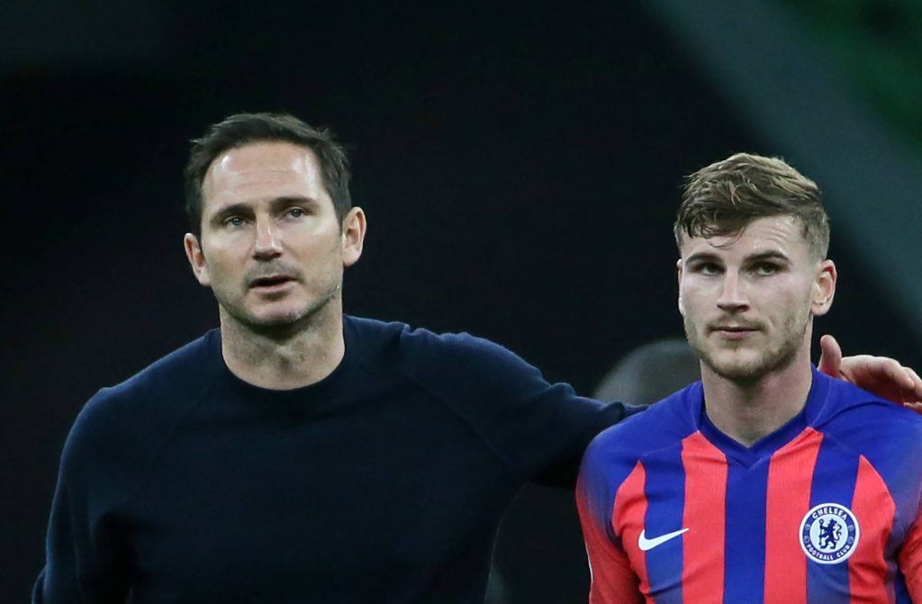 Timo Werner with Chelsea manager Frank Lampard in the UEFA Champions League. (Dmitry Feoktistov/TASS PUBLICATION via imago Images)