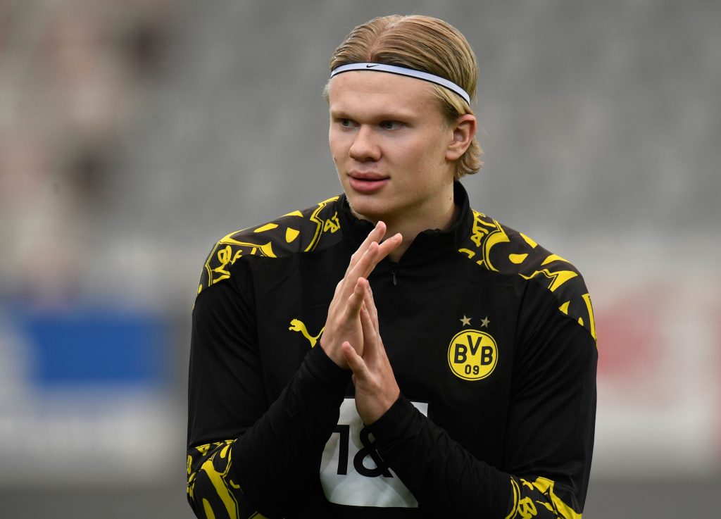 Erling Braut Haaland warms up ahead the German first division Bundesliga football match between SC Freiburg and Borussia Dortmund. (Photo by THOMAS KIENZLE/POOL/AFP via Getty Images)
