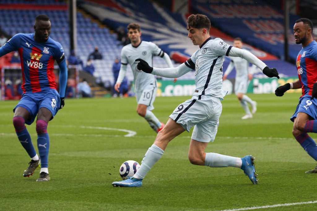 Kai Havertz of Chelsea sets up Christian Pulisic to score a gaol against Crystal Palace.