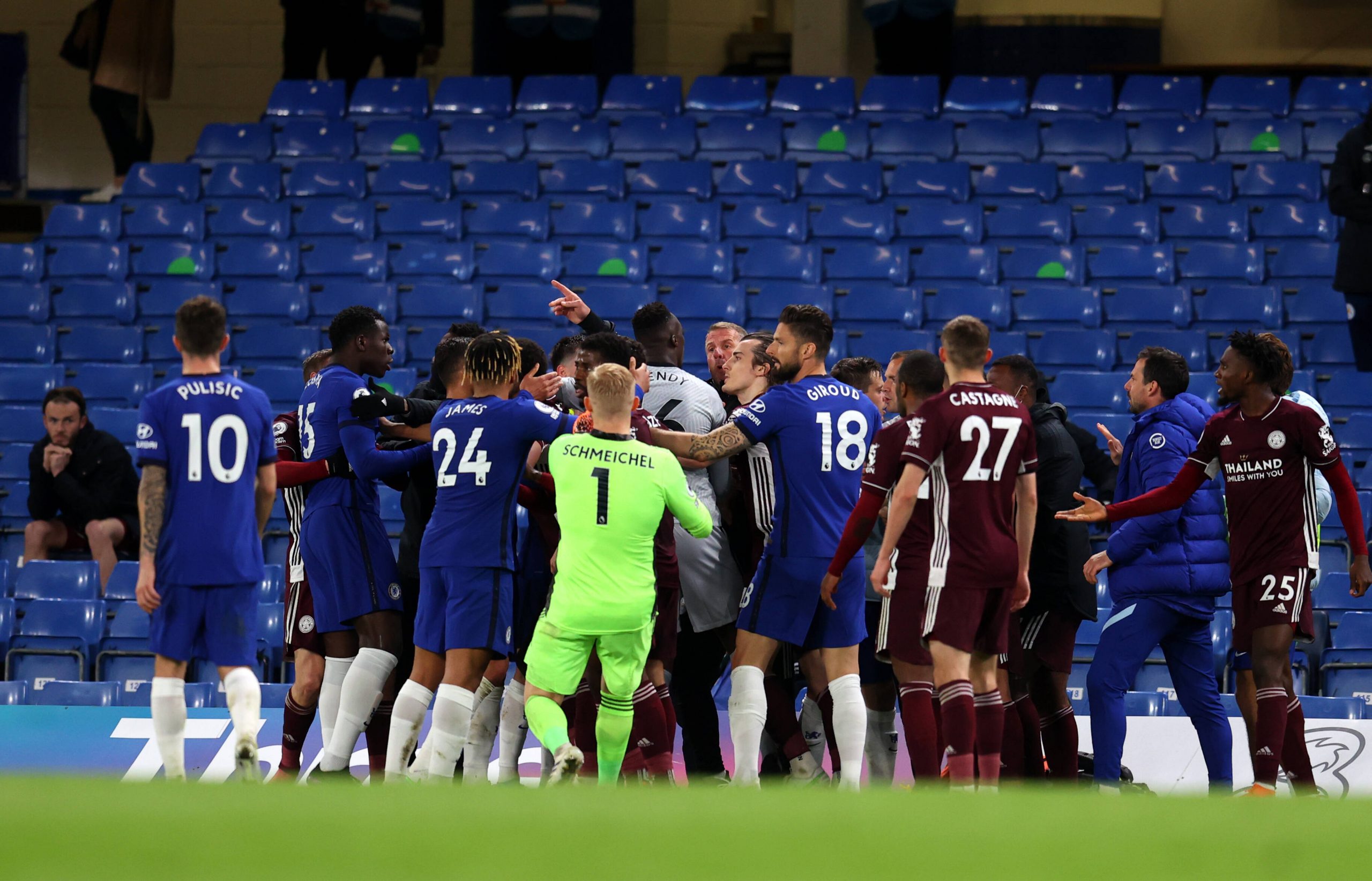 Tempers flare in Chelsea v Leicester City at Stamford Bridge.