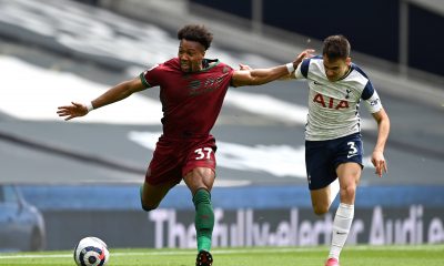Adama Traore left and Tottenham Hotspur s Sergio Reguilon battle for the ball