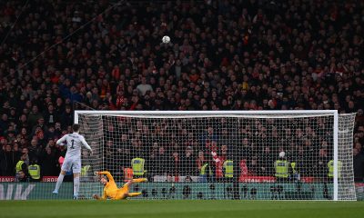Kepa Arrizabalaga skies his penalty during the Carabao Cup final shootout. (Photo by GLYN KIRK/AFP via Getty Images)