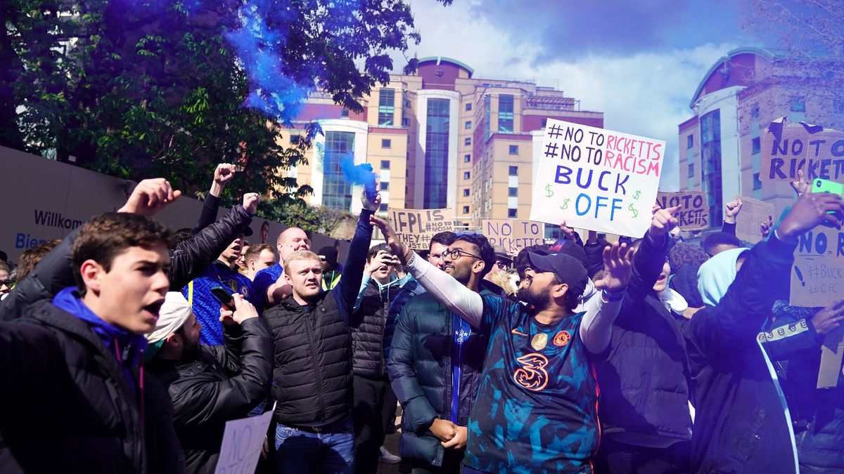 Chelsea fans protesting against the Ricketts family outside Stamford Bridge. (Image Credit: PA)