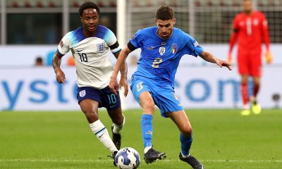 Raheem Sterling of England challenges Jorginho of Italy during a UEFA Nations League League A Group 3 match.
