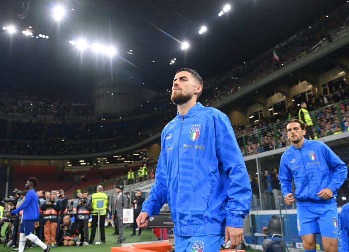 Jorginho of Chelsea walks onto the pitch as Italy prepare to take on England in the UEFA Nations League in September 2022.