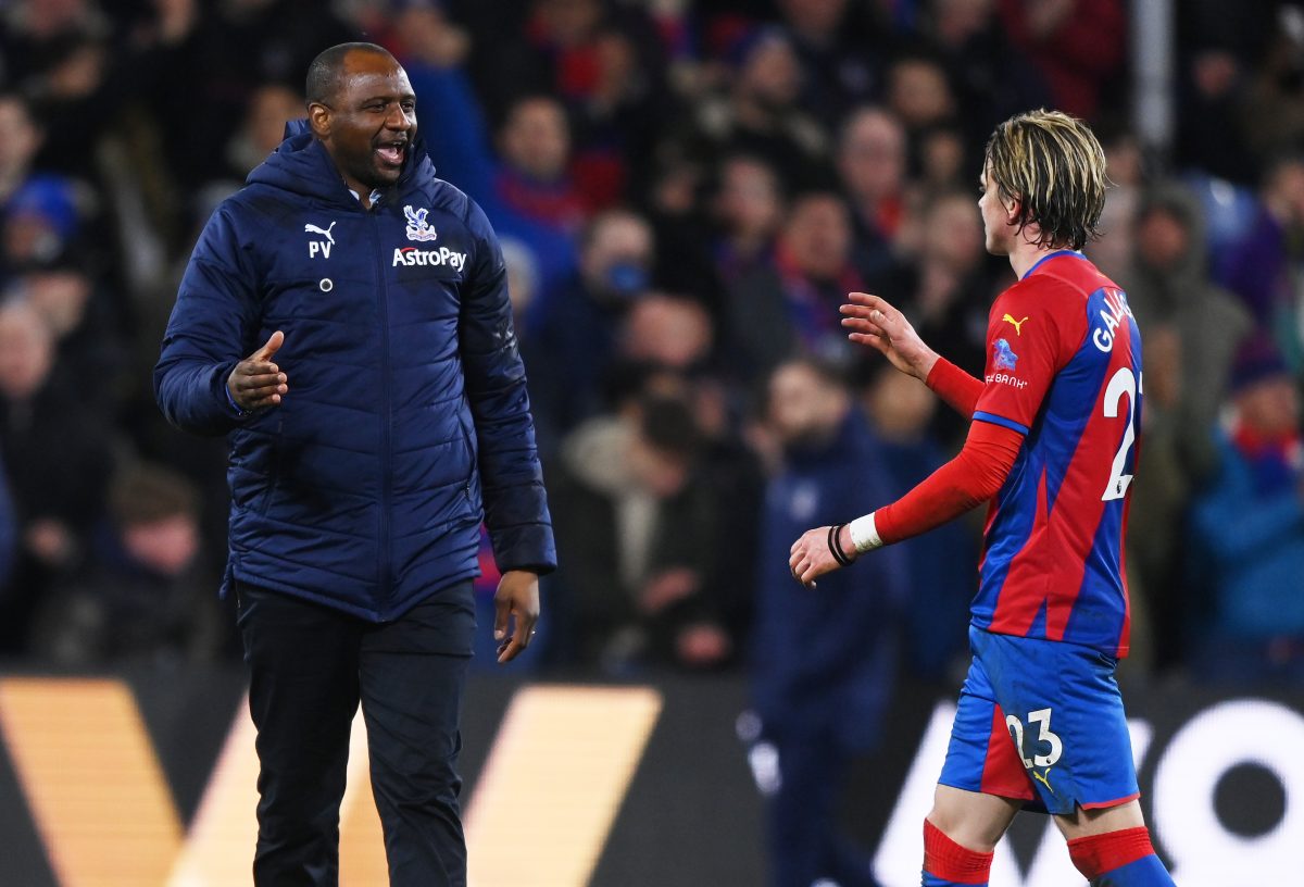 Patrick Vieira, manager of Crystal Palace, embraces Chelsea loanee, Conor Gallagher.