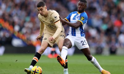 Kai Havertz of Chelsea is challenged by Moises Caicedo of Brighton during a 4-1 loss for the Blues in October 2022.