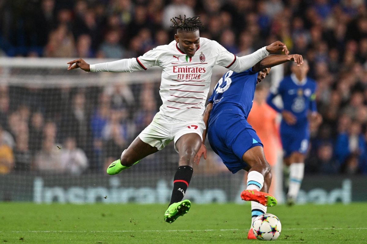 AC Milan's Rafael Leao fights for the ball with Chelsea's Wesley Fofana during a UEFA Champions League match in October 2022 at Stamford Bridge.