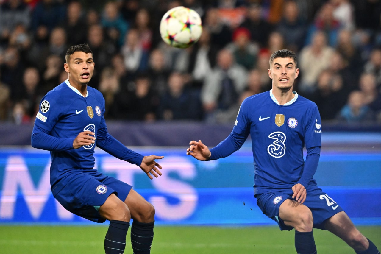 Thiago Silva with Kai Havertz of Chelsea with RB Salzburg in the UEFA Champions League.