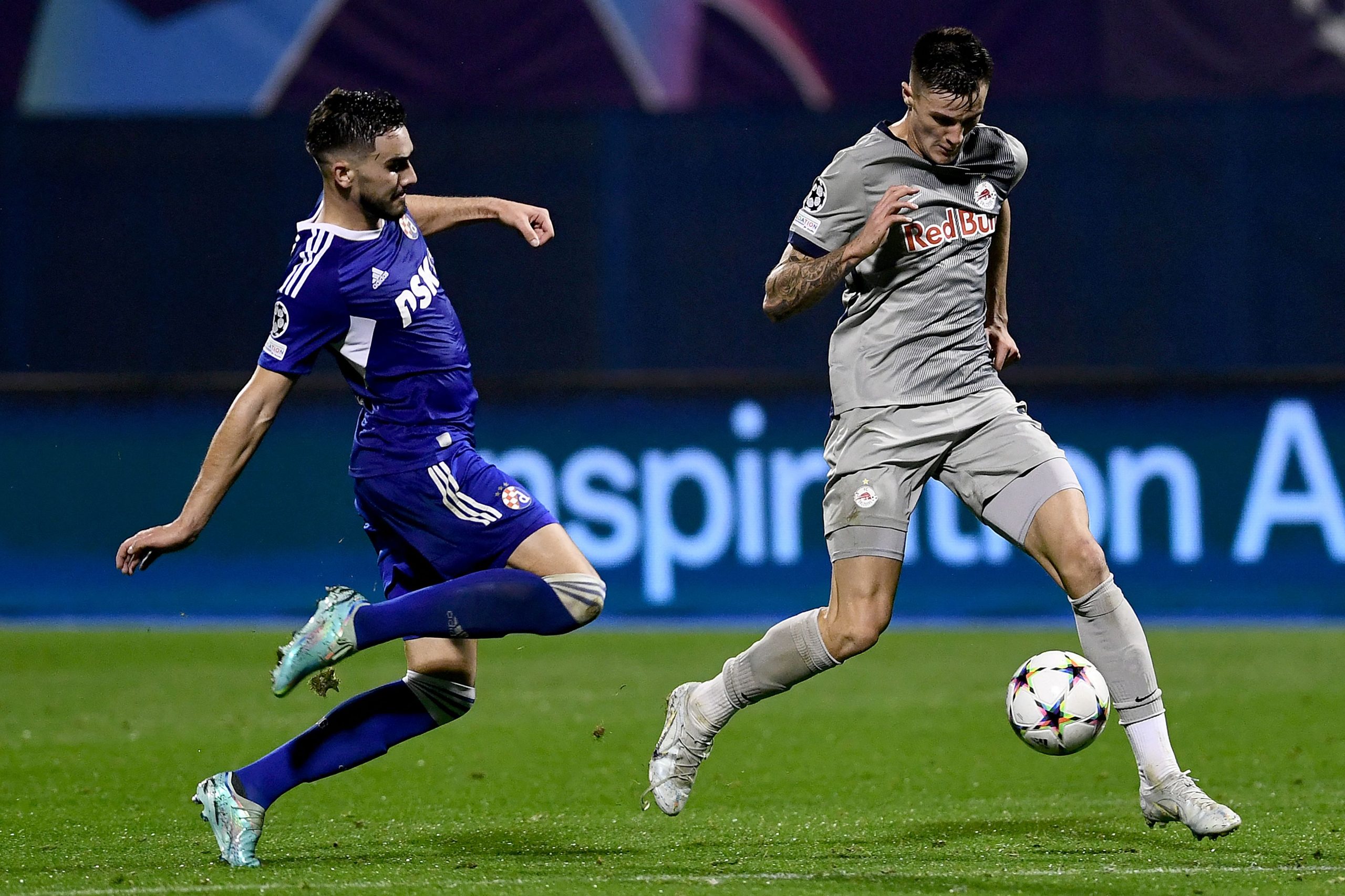 RB Salzburg's Benjamin Sesko controls the ball in front of Dinamo Zagreb's Josip Misic in their UEFA Champions League group match.