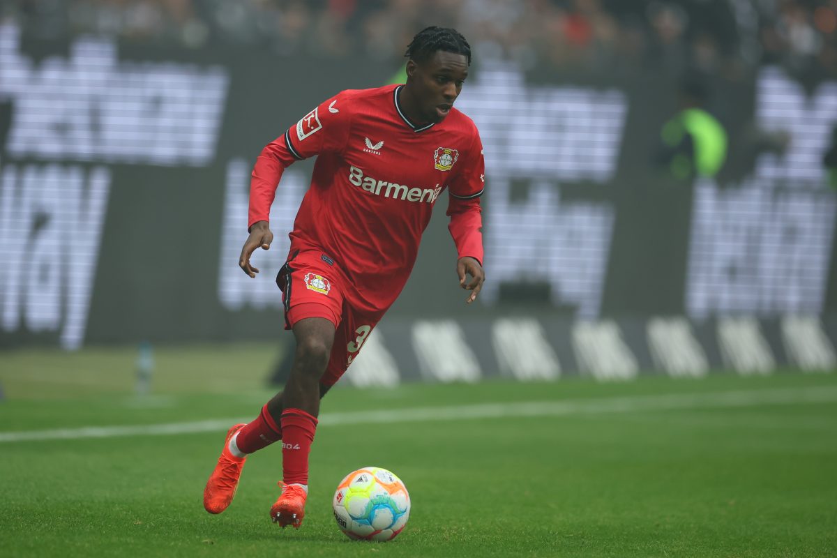 Jeremie Frimpong of Leverkusen is on the transfer radar of Chelsea. (Photo by Alex Grimm/Getty Images)