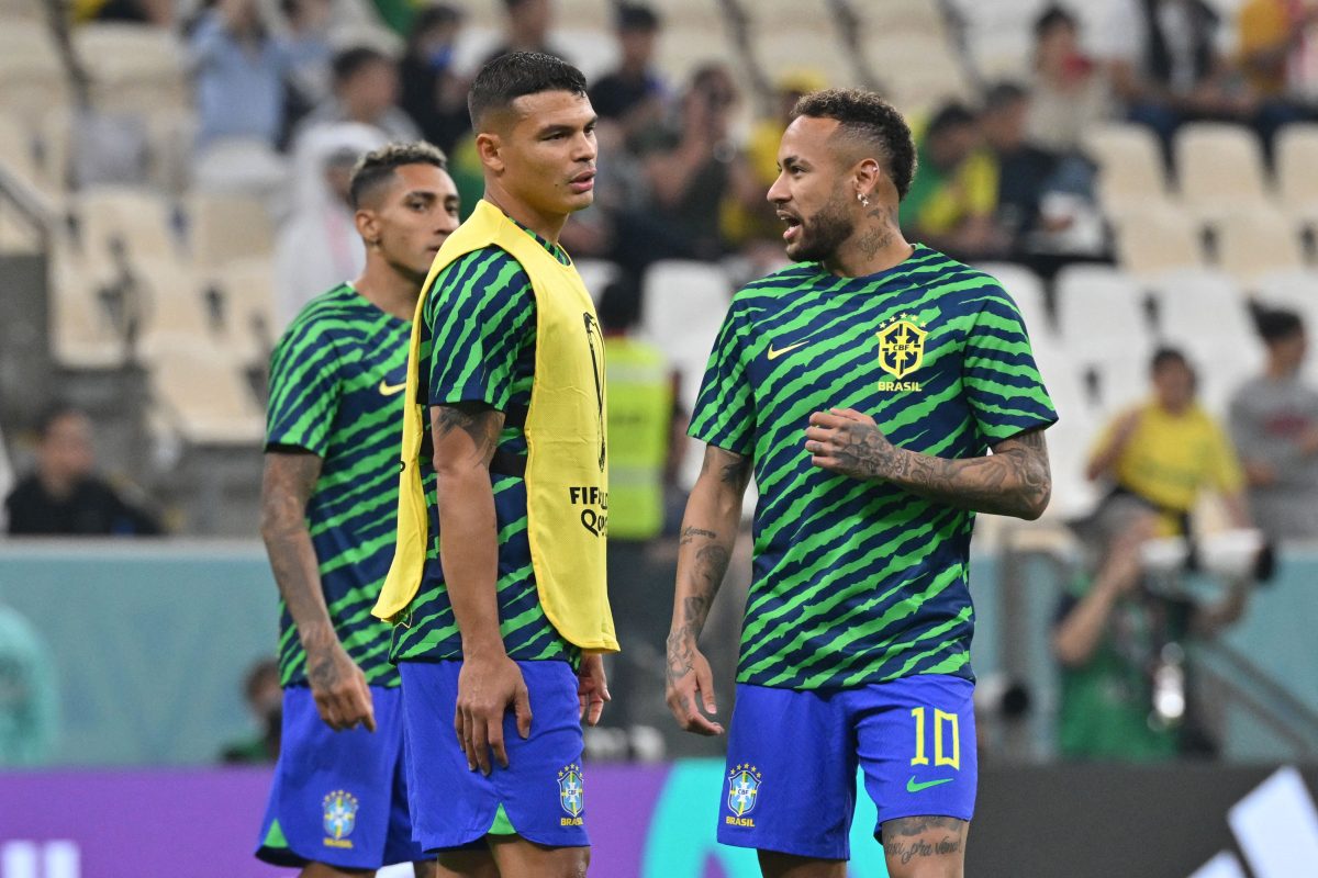 Brazilian teammates Neymar Jr and Thiago Silva for Brazil. (Photo by NELSON ALMEIDA/AFP via Getty Images)