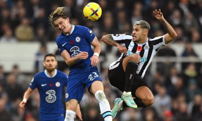 Newcastle player Bruno Guimaraes challenges Conor Gallagher of Chelsea.