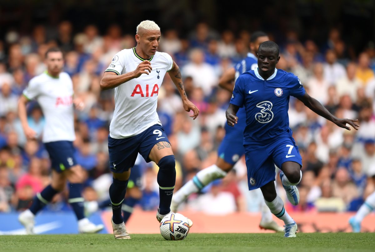 Richarlison of Tottenham Hotspur is challenged by former Chelsea player  N'Golo Kante. (Photo by Shaun Botterill/Getty Images)