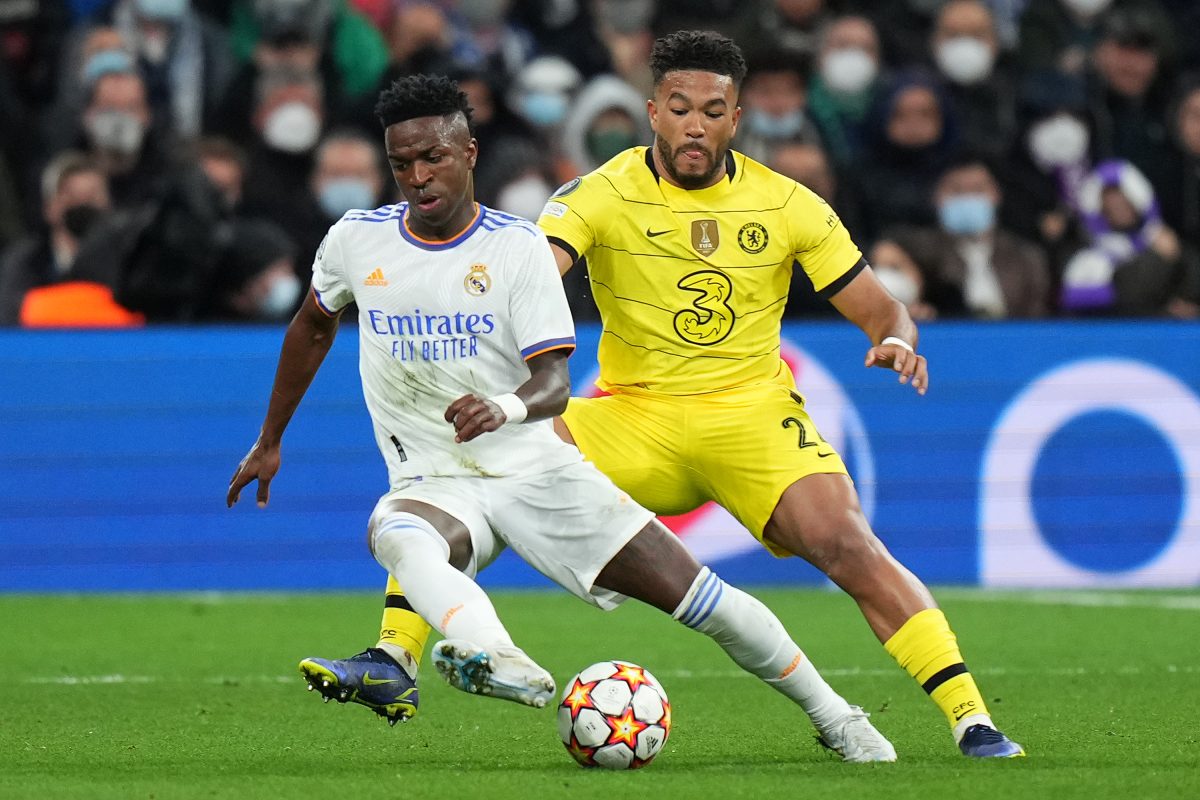 Vinicius Junior of Real Madrid is challenged by Reece James of Chelsea during the UEFA Champions League Quarter Final Leg Two match in April 2022. (Photo by Angel Martinez/Getty Images)