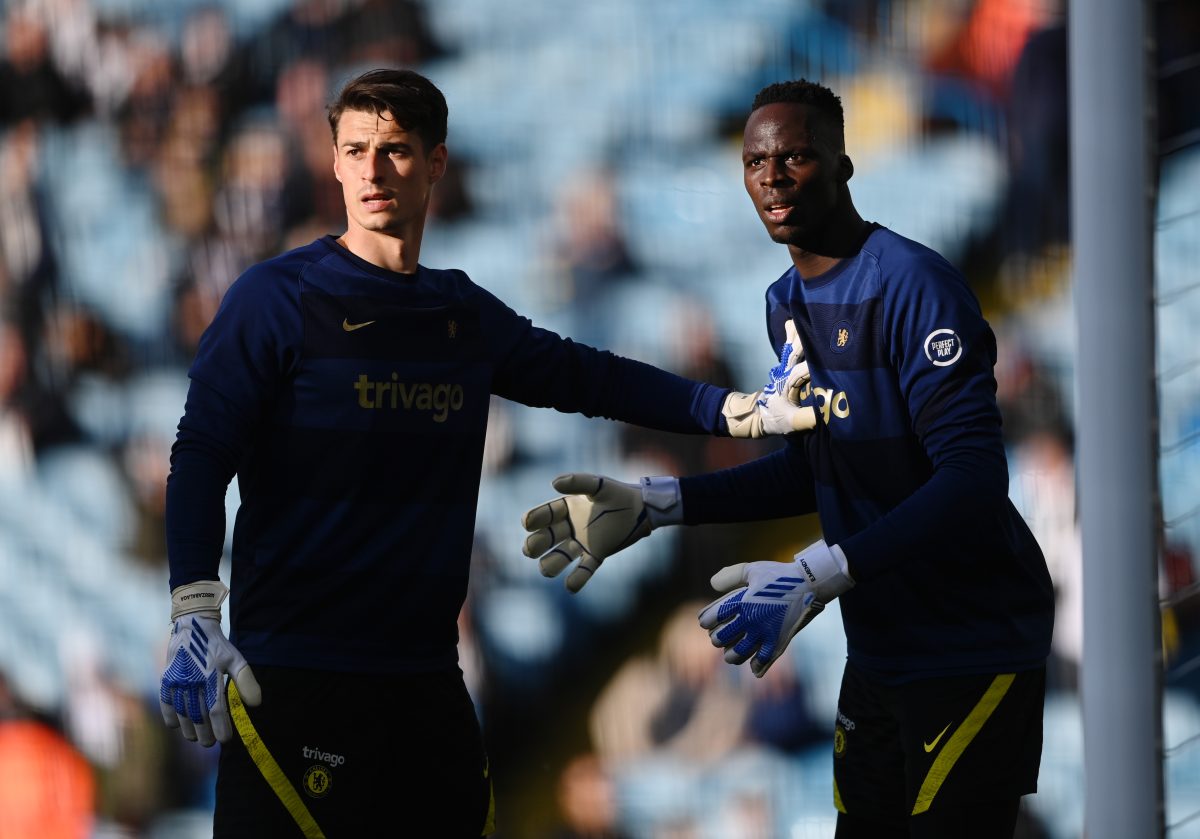 Kepa Arrizabalaga and Edouard Mendy of Chelsea warm up prior to the Premier League match between Leeds United and Chelsea at Elland Road on May 11, 2022 in Leeds, England