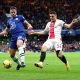 Cesar Azpilicueta of Chelsea holds off Mohamed Elyounoussi of Southampton.