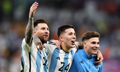 Lionel Messi of Argentina celebrates with Enzo Fernandez.