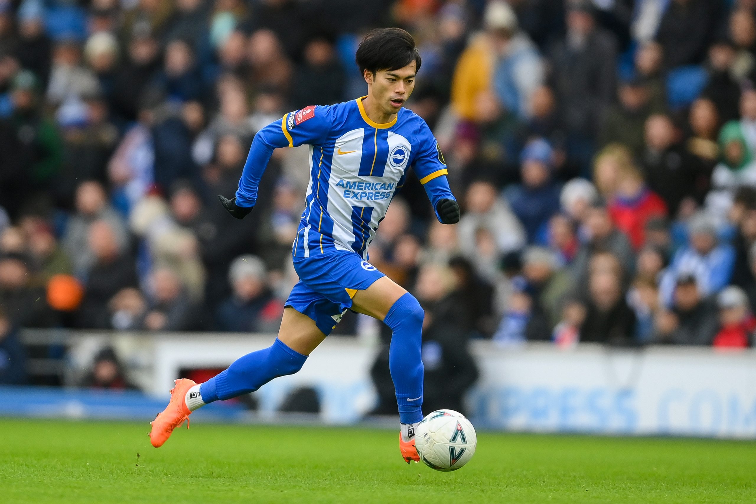 Kaoru Mitoma of Brighton & Hove Albion in action during the Emirates FA Cup Fourth Round match between Brighton & Hove Albion and Liverpool at Amex Stadium on January 29, 2023 in Brighton, England.