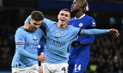 Manchester City's Argentinian striker Julian Alvarez celebrates with Phil Foden after scoring against Chelsea in the FA Cup - January 2023.