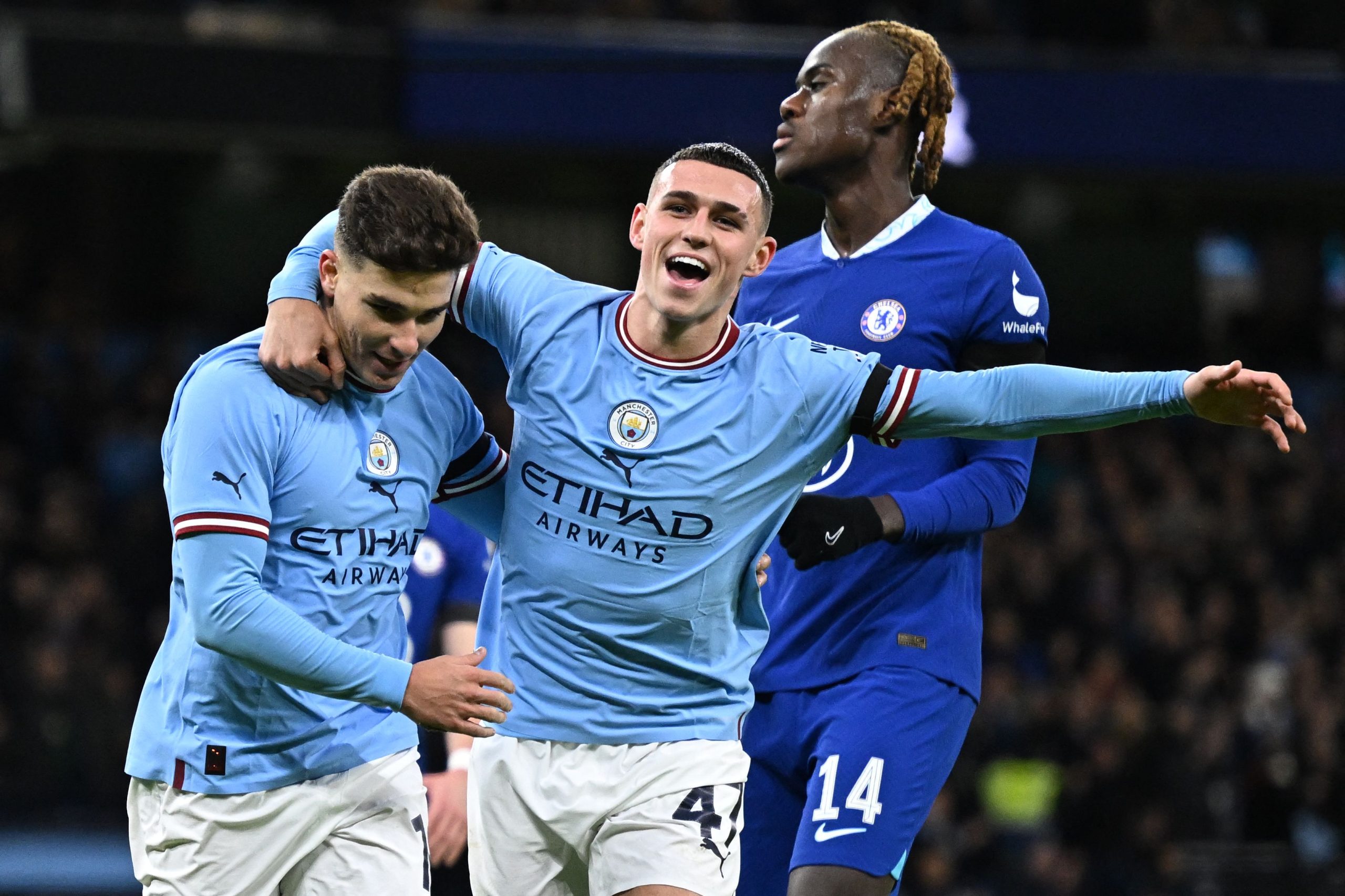 Manchester City's Argentinian striker Julian Alvarez celebrates with Phil Foden after scoring against Chelsea in the FA Cup - January 2023.