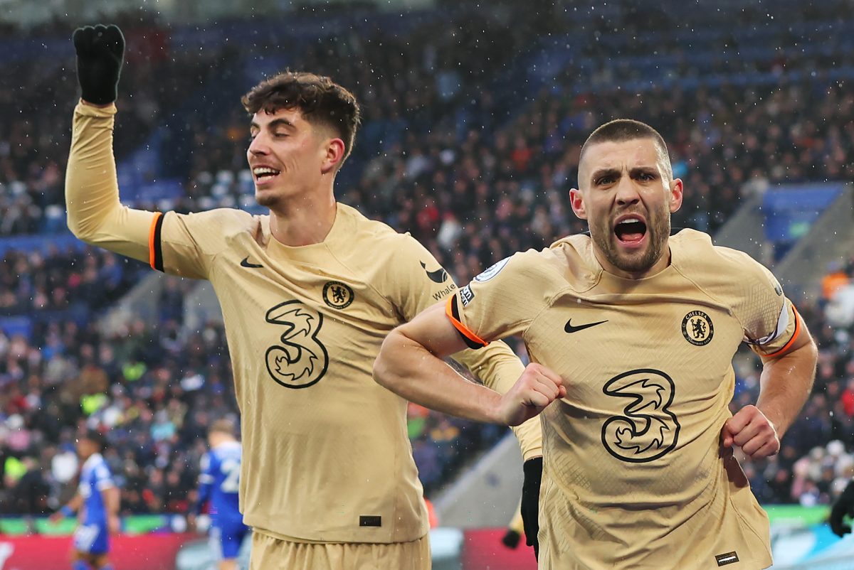 Mateo Kovacic of Chelsea celebrates after scoring with Kai Havertz. (Photo by Marc Atkins/Getty Images)