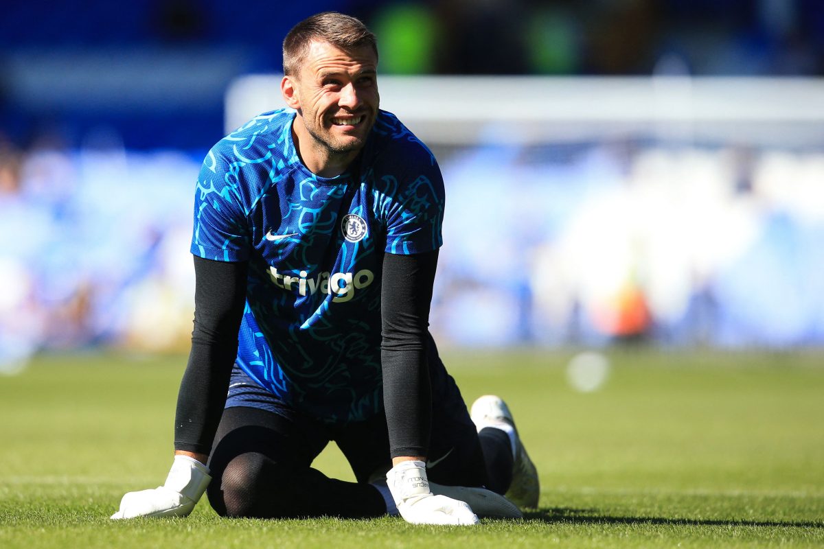 Chelsea's English goalkeeper Marcus Bettinelli reacts as he warms up pior to the English Premier League football match between Everton and Chelsea at Goodison Park in Liverpool, north west England on August 6, 2022.