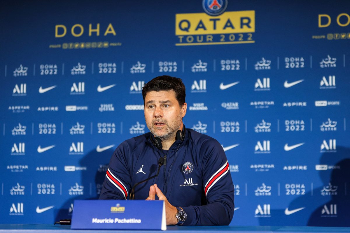 Mauricio Pochettino at a press conference during his time at PSG. (Photo by KARIM JAAFAR/AFP via Getty Images)
