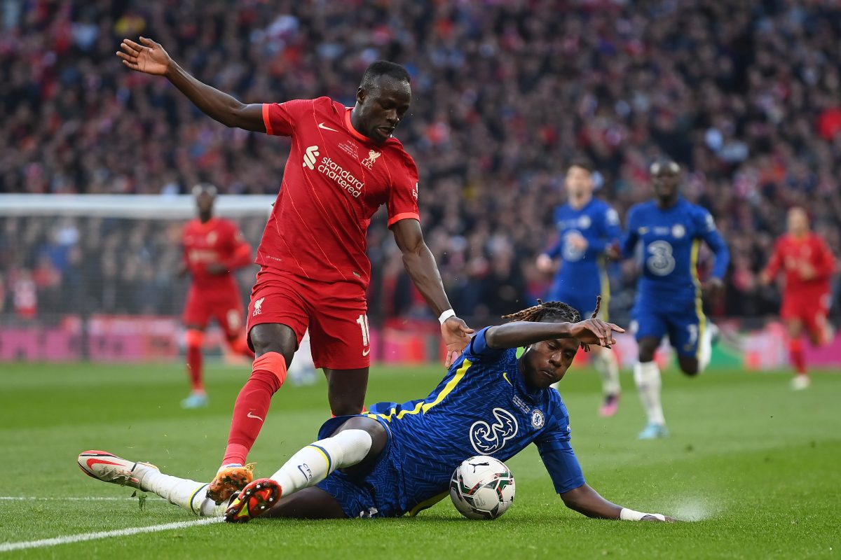 Sadio Mane of Liverpool challenges Trevoh Chalobah of Chelsea. 