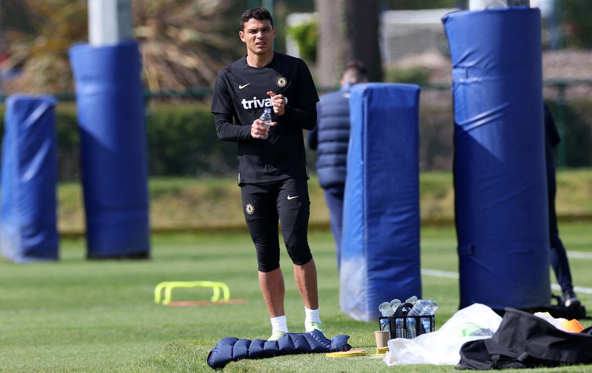 Chelsea's Brazilian defender Thiago Silva attends a team training session. (Photo by ADRIAN DENNIS/AFP via Getty Images)