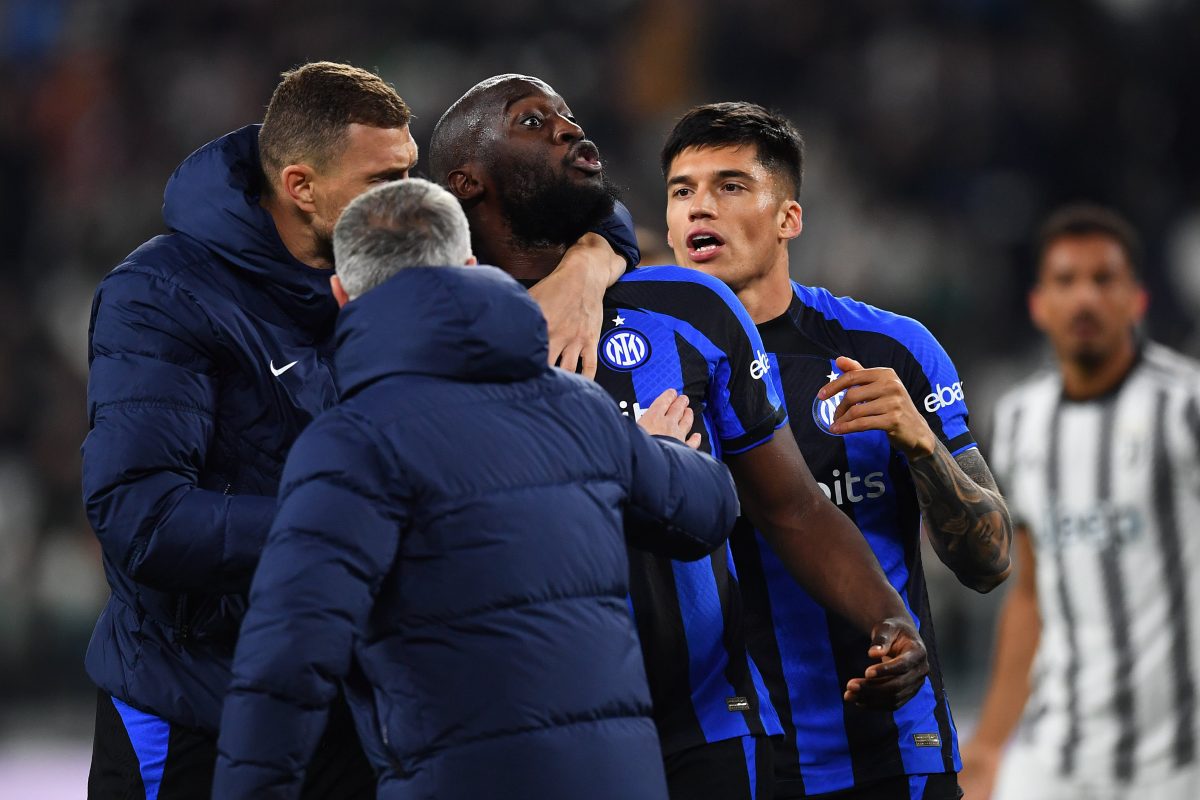 TURIN, ITALY - APRIL 04: Romelu Lukaku of FC Internazionale celebrates with teammates after scoring the team's first goal during the Coppa Italia Semi Final match between Juventus FC and FC Internazionale at Allianz Stadium on April 04, 2023 in Turin, Italy. 