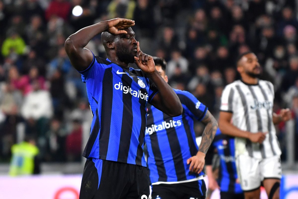 TURIN, ITALY - APRIL 04: Romelu Lukaku of FC Internazionale celebrates after scoring the team's first goal during the Coppa Italia Semi Final match between Juventus FC and FC Internazionale at Allianz Stadium on April 04, 2023 in Turin, Italy.