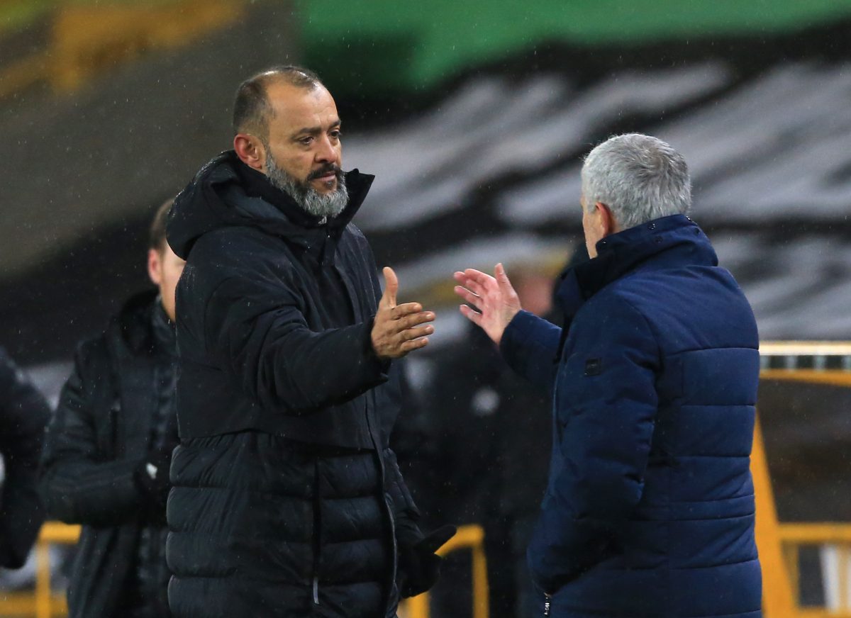 WOLVERHAMPTON, ENGLAND - DECEMBER 27:  Jose Mourinho, Manager of Tottenham Hotspur and Nuno Espirito Santo, Manager of Wolves shake hands after the Premier League match between Wolverhampton Wanderers and Tottenham Hotspur at Molineux on December 27, 2020 in Wolverhampton, England. The match will be played without fans, behind closed doors as a Covid-19 precaution