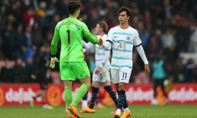 Kepa Arrizabalaga and Joao Felix of Chelsea interact after the 3-1 win against Bournemouth - May 2023.