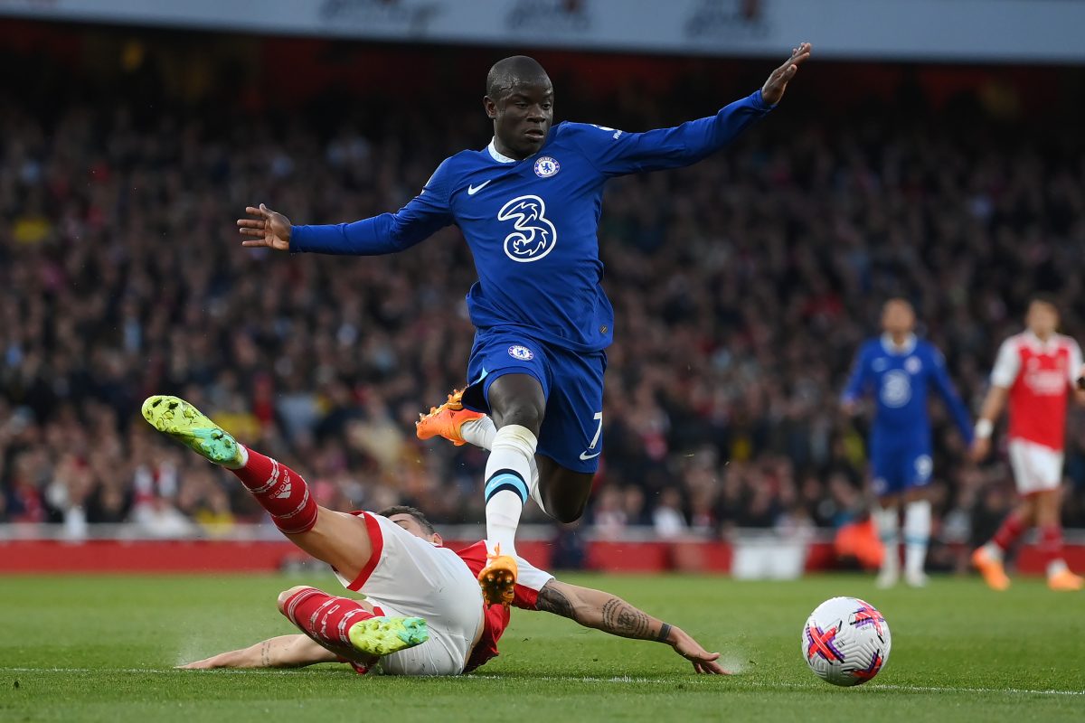 N'Golo Kante of Chelsea is tackled by Granit Xhaka of Arsenal.