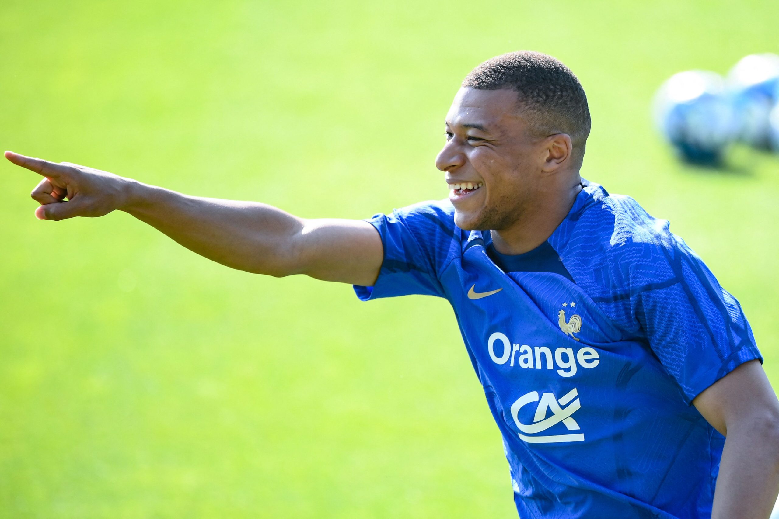 France's forward Kylian Mbappe reacts during a training session in Clairefontaine-en-Yvelines.