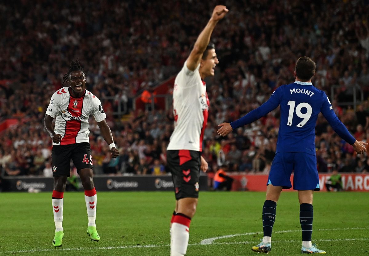 Southampton's Belgian midfielder Romeo Lavia (L) celebrates after scoring against Chelsea. 