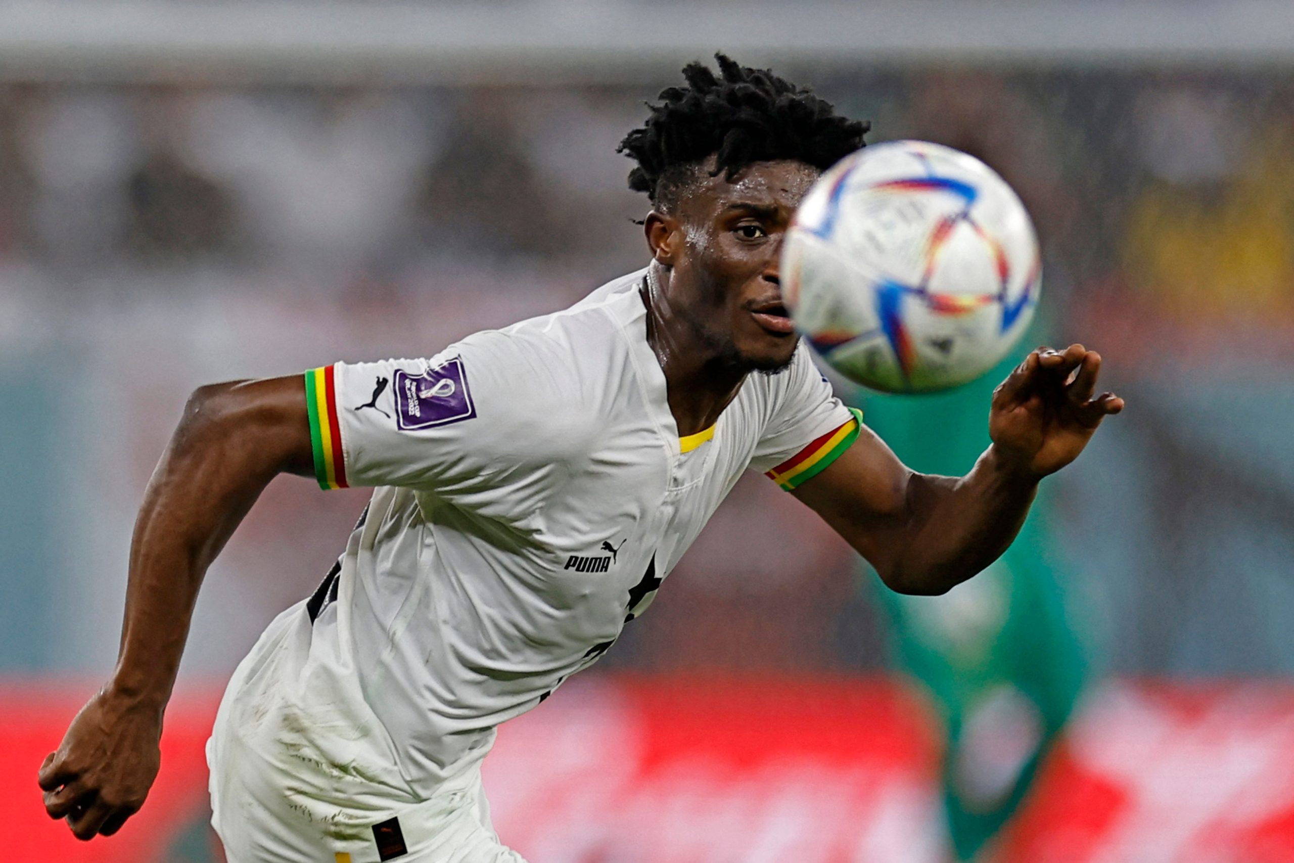Ghana's midfielder Mohammed Kudus eyes the ball.