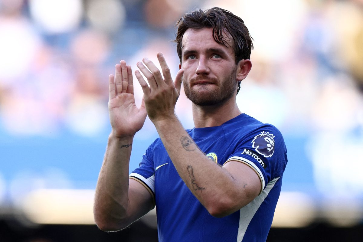 Chelsea's English defender Ben Chilwell applauds the fans.