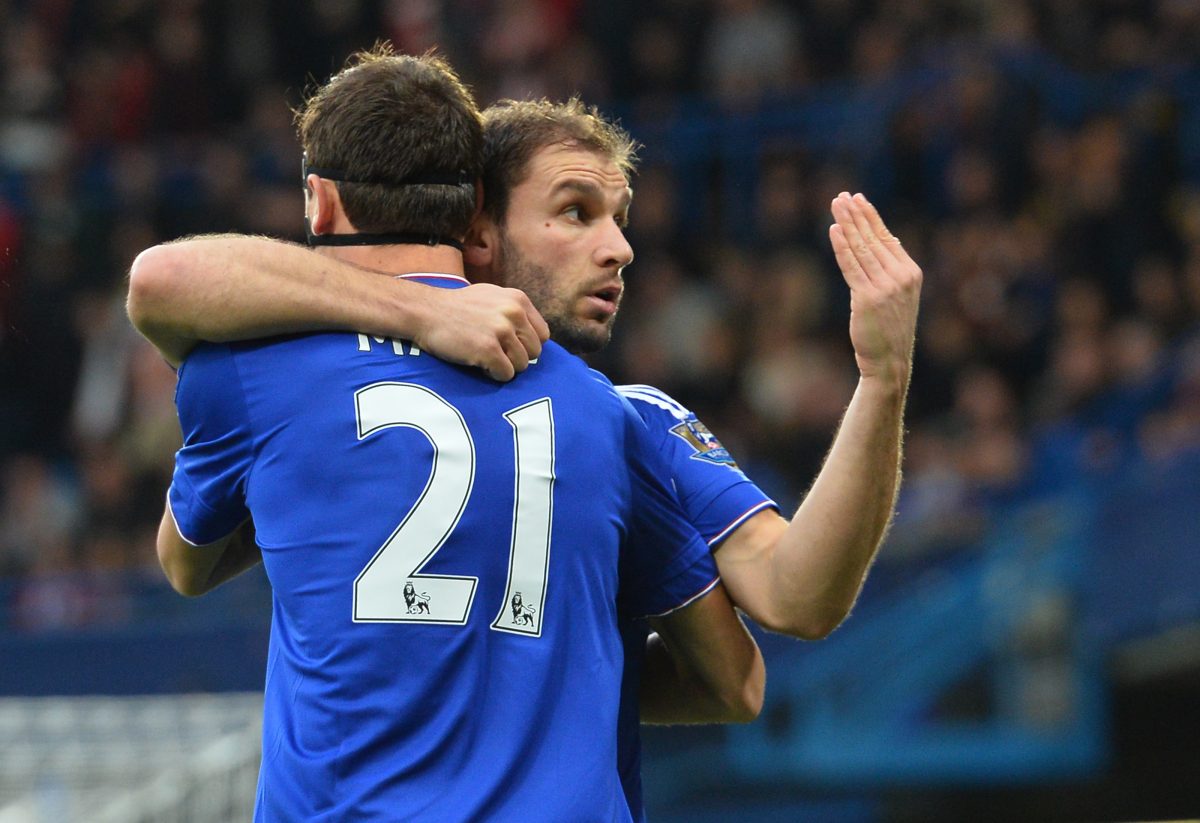 Chelsea's Serbian defender Branislav Ivanovic celebrates with Nemanja Matic after scoring.