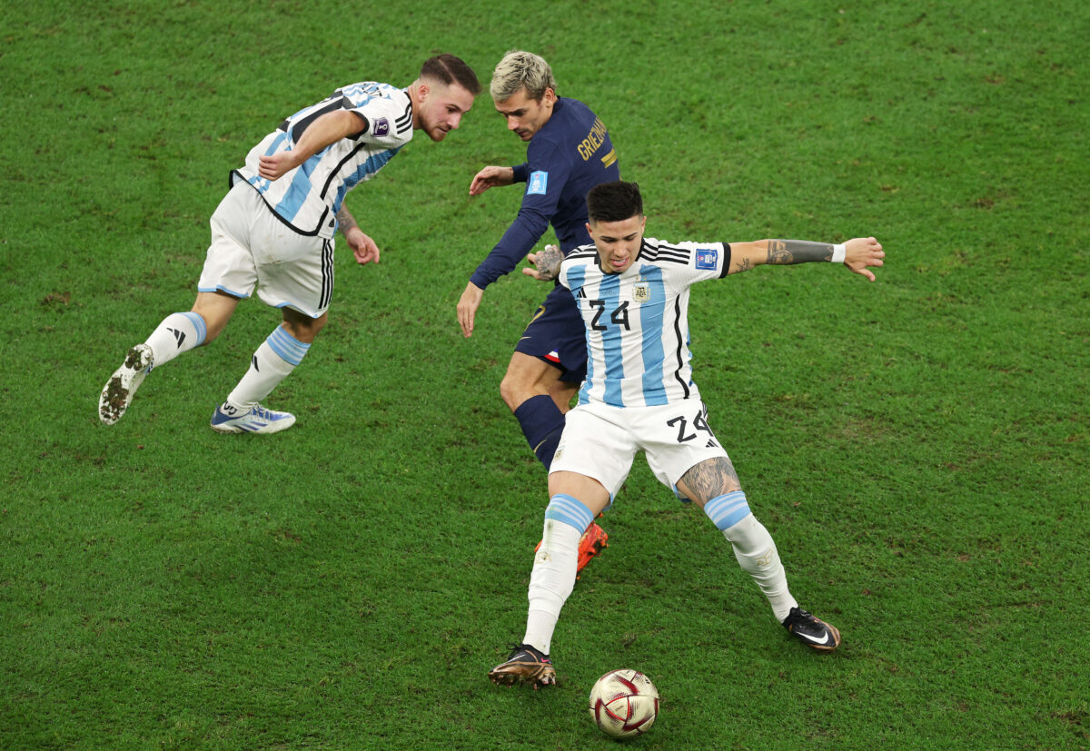 Alexis Mac Allister and Enzo Fernandez of Argentina during the FIFA World Cup Qatar 2022 Final match between Argentina and France. (Photo by Richard Heathcote/Getty Images)