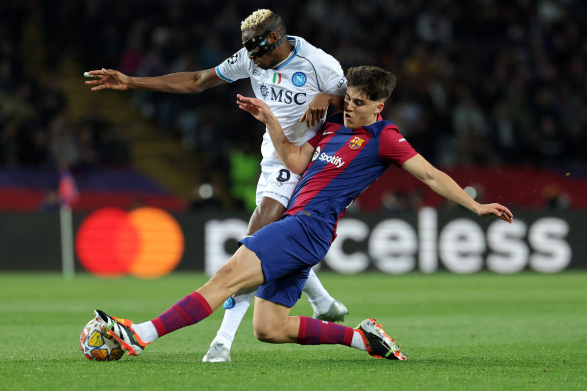 Pau Cubarsi was a menace against Napoli's Victor Osimhen during the UEFA Champions League last 16 second leg football match between FC Barcelona and SSC Napoli at the Estadi Olimpic Lluis Companys in Barcelona on March 12, 2024. (Photo by LLUIS GENE / AFP) (Photo by LLUIS GENE/AFP via Getty Images)